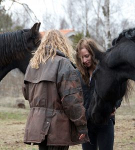 Catharina Carlsson jobbar med hästar. 